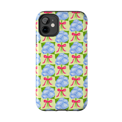 Blue Watercolor Hydrangea Bouquets with Hot Pink Bows Illustrated Patterned Yellow Preppy Grand Millenial Tough Phone Case | Various Models