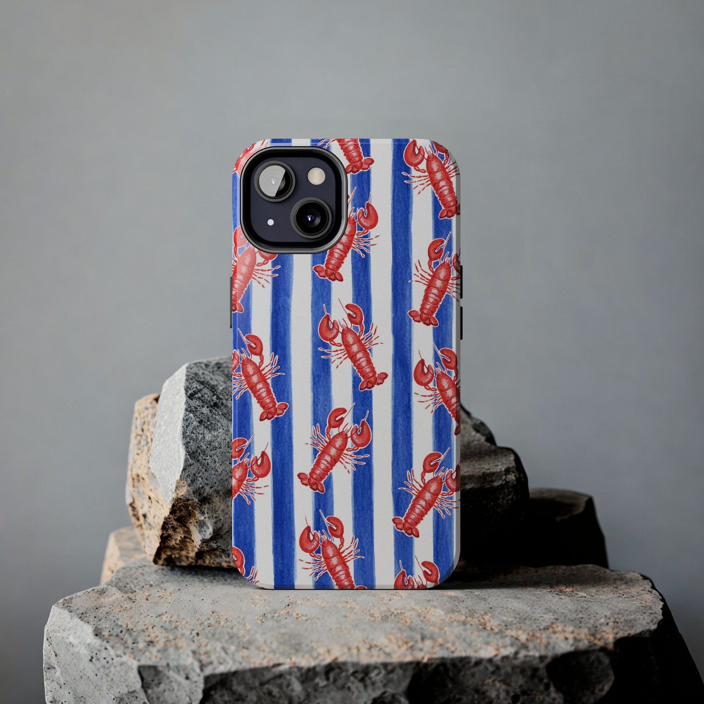 Blue & White Strip Red Lobster Watercolor Patterned Phone Case | Various Models