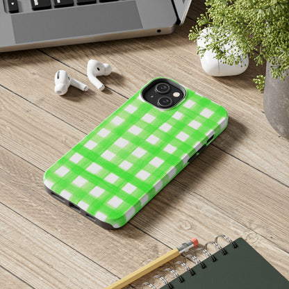 Lime Green Gingham Watercolor Illustrated Tough Phone Case | Various Models Available