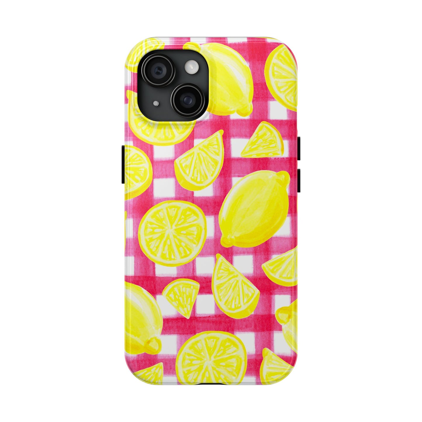 Yellow Lemons & Hot Pink Gingham Watercolor Illustrated Tough Phone Case | Various Models Available