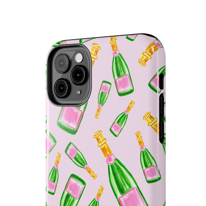 Tossed Pink and Green Watercolor Illustrated Champagne Bottles Pattern Blush Pink Tough Phone Case | Various Models