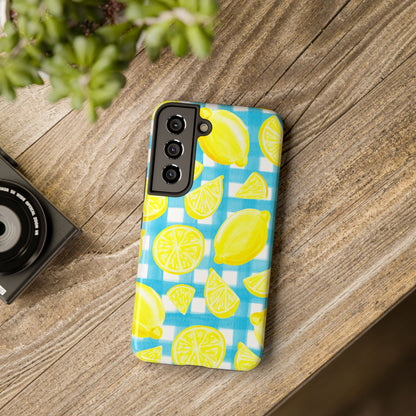 Yellow Lemons & Turquoise Gingham Watercolor Illustrated Tough Phone Case | Various Models Available