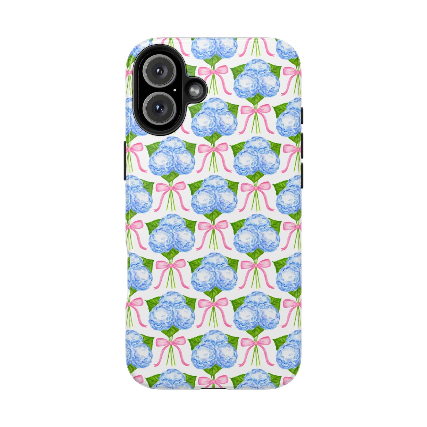 Blue Watercolor Hydrangea Bouqets with Light Pink Bows Watercolor Illustrated Patterned Tough Phone Case | Various Models