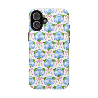 Blue Watercolor Hydrangea Bouqets with Light Pink Bows Watercolor Illustrated Patterned Tough Phone Case | Various Models
