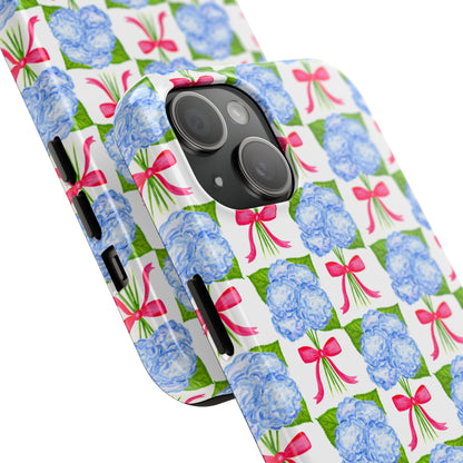 Blue Watercolor Hydrangea Bouquets with Hot Pink Bows Illustrated Patterned Tough Phone Case | Various Models