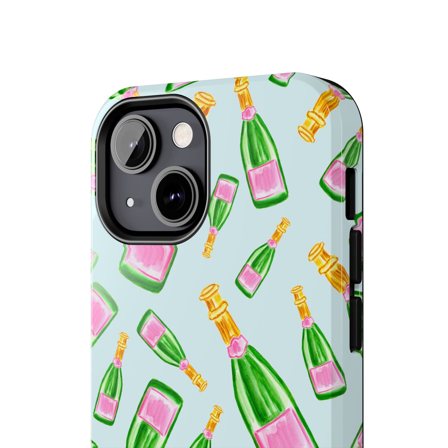 Tossed Pink and Green Watercolor Illustrated Champagne Bottles Pattern Light Blue Tough Phone Case | Various Models