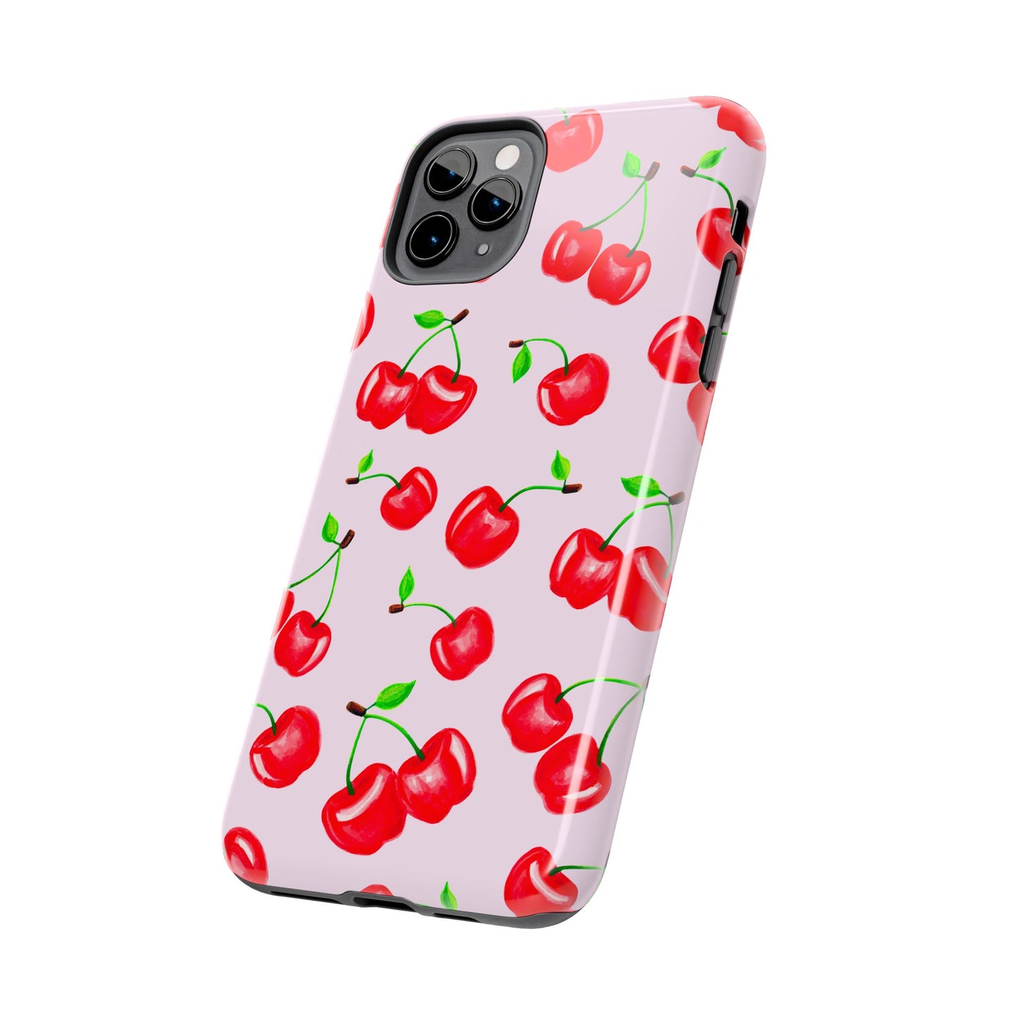 Tossed Red Watercolor Cherries Illustrated Pattern Light Pink Tough Phone Case | Various Models