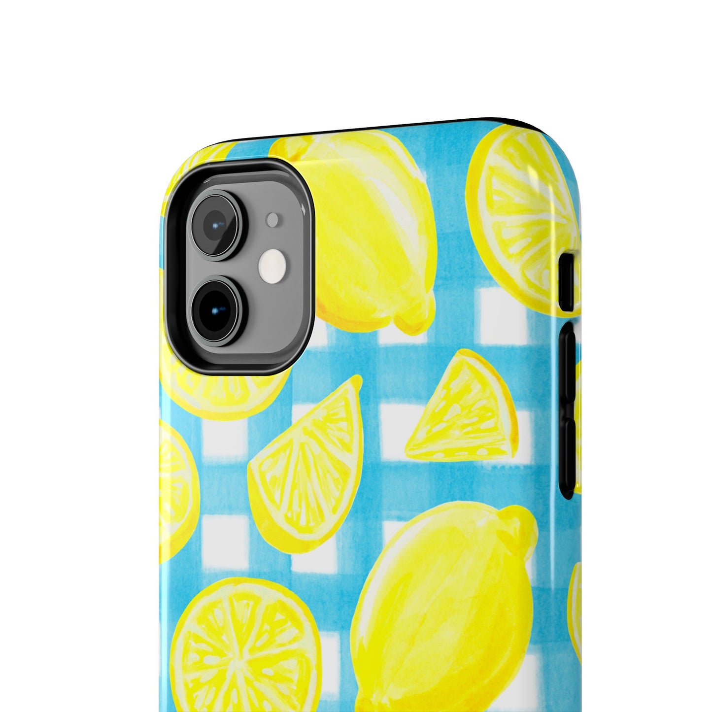 Yellow Lemons & Turquoise Gingham Watercolor Illustrated Tough Phone Case | Various Models Available