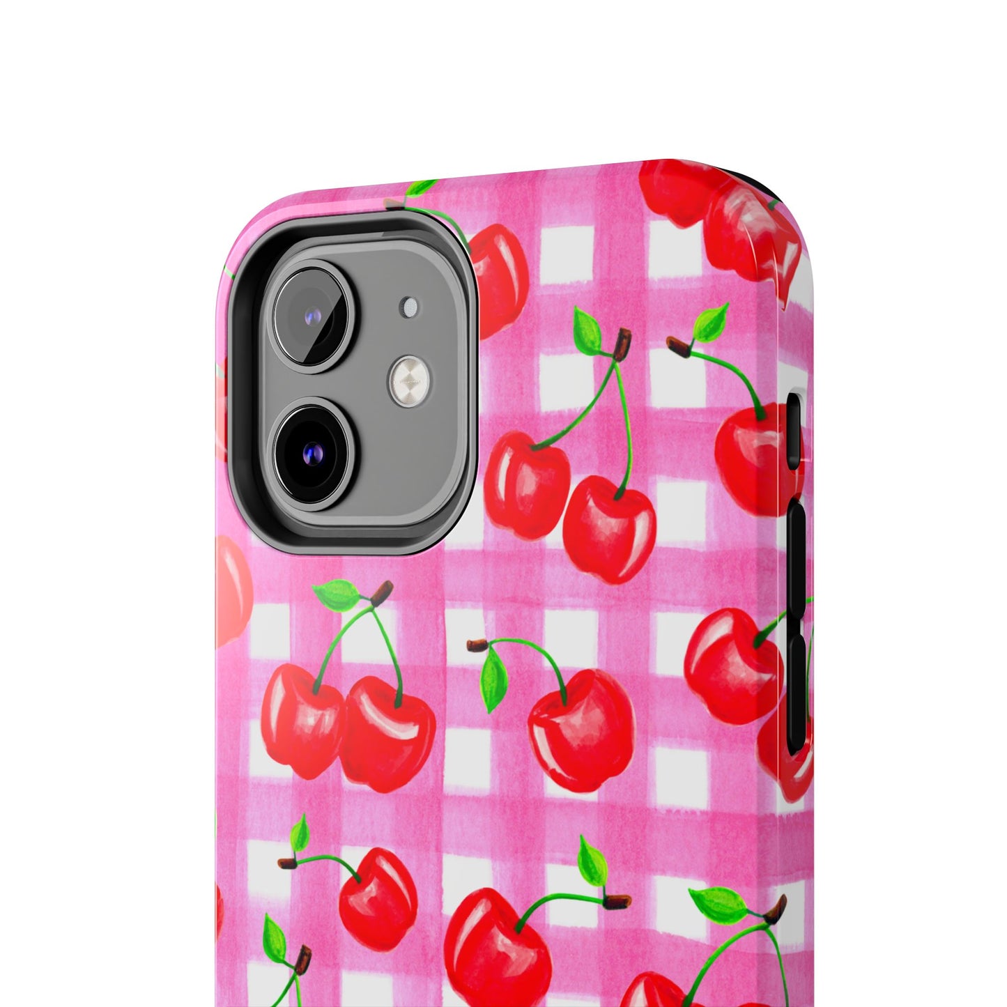 Tossed Red Watercolor Cherries Illustrated Pattern Light Pink Gingham Tough Phone Case | Various Models