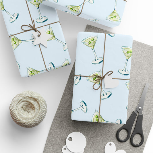 Gift Wrap | Pale Blue Watercolor Martini Tossed Pattern | Matte or Glossy 30" x 180" Glossy