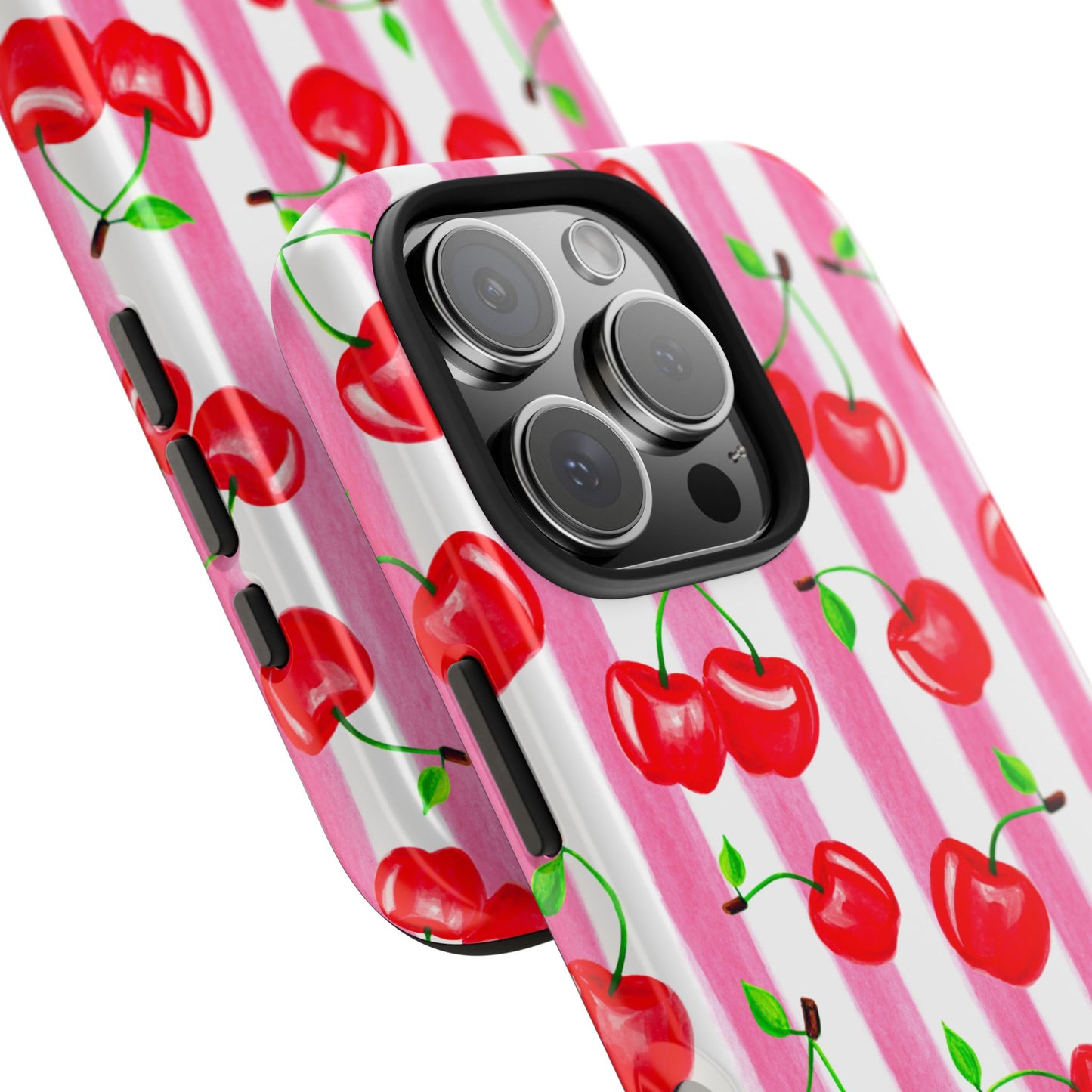 Tossed Red Watercolor Cherries Illustrated Pattern Light Pink Stripes Tough Phone Case | Various Models