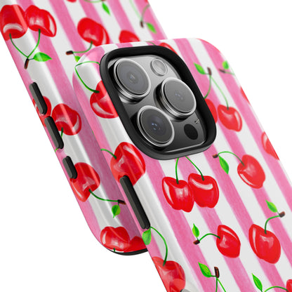 Tossed Red Watercolor Cherries Illustrated Pattern Light Pink Stripes Tough Phone Case | Various Models