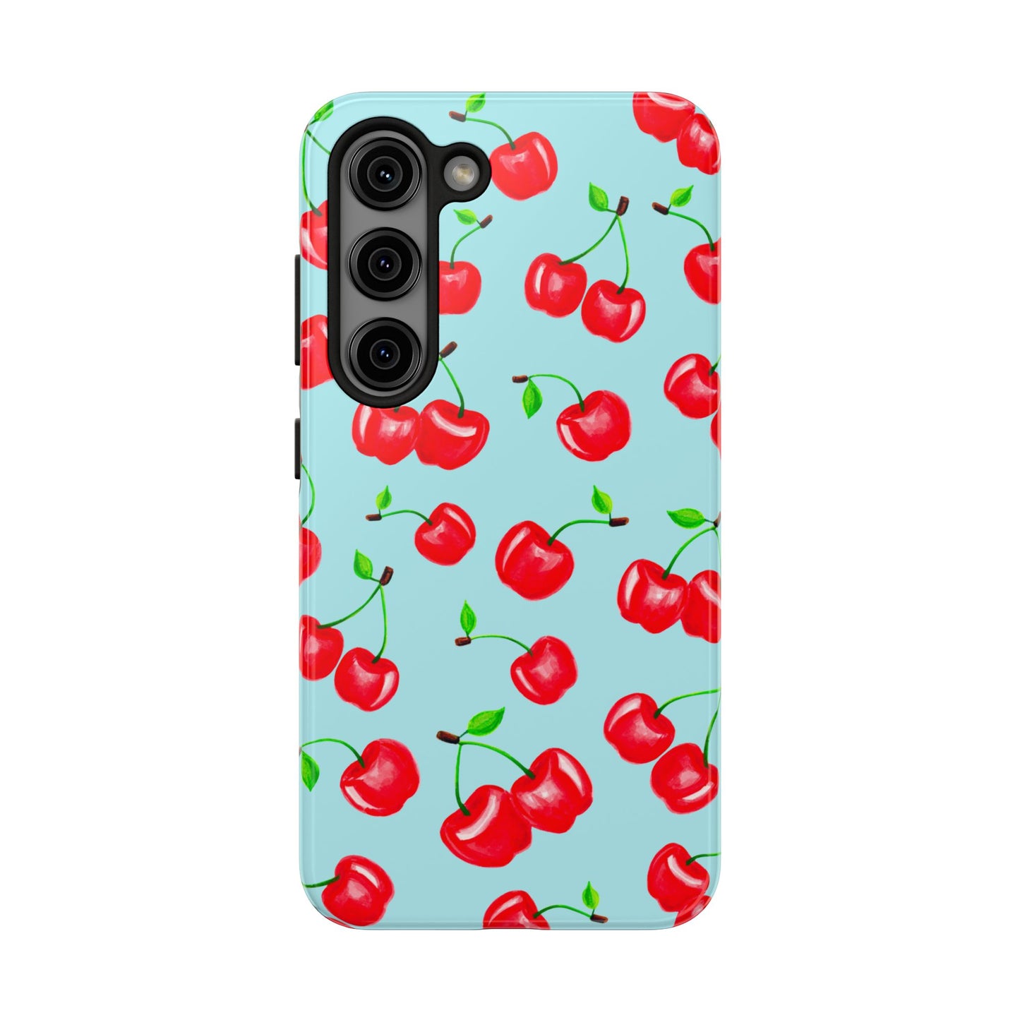 Tossed Red Watercolor Cherries Illustrated Pattern Bright Blue Tough Phone Case | Various Models