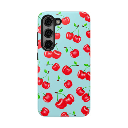 Tossed Red Watercolor Cherries Illustrated Pattern Bright Blue Tough Phone Case | Various Models