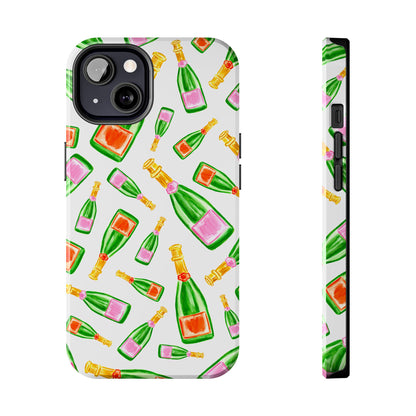 Tossed Pink and Green & Orange and Green Watercolor Illustrated Champagne Bottles Pattern Tough Phone Case | Various Models