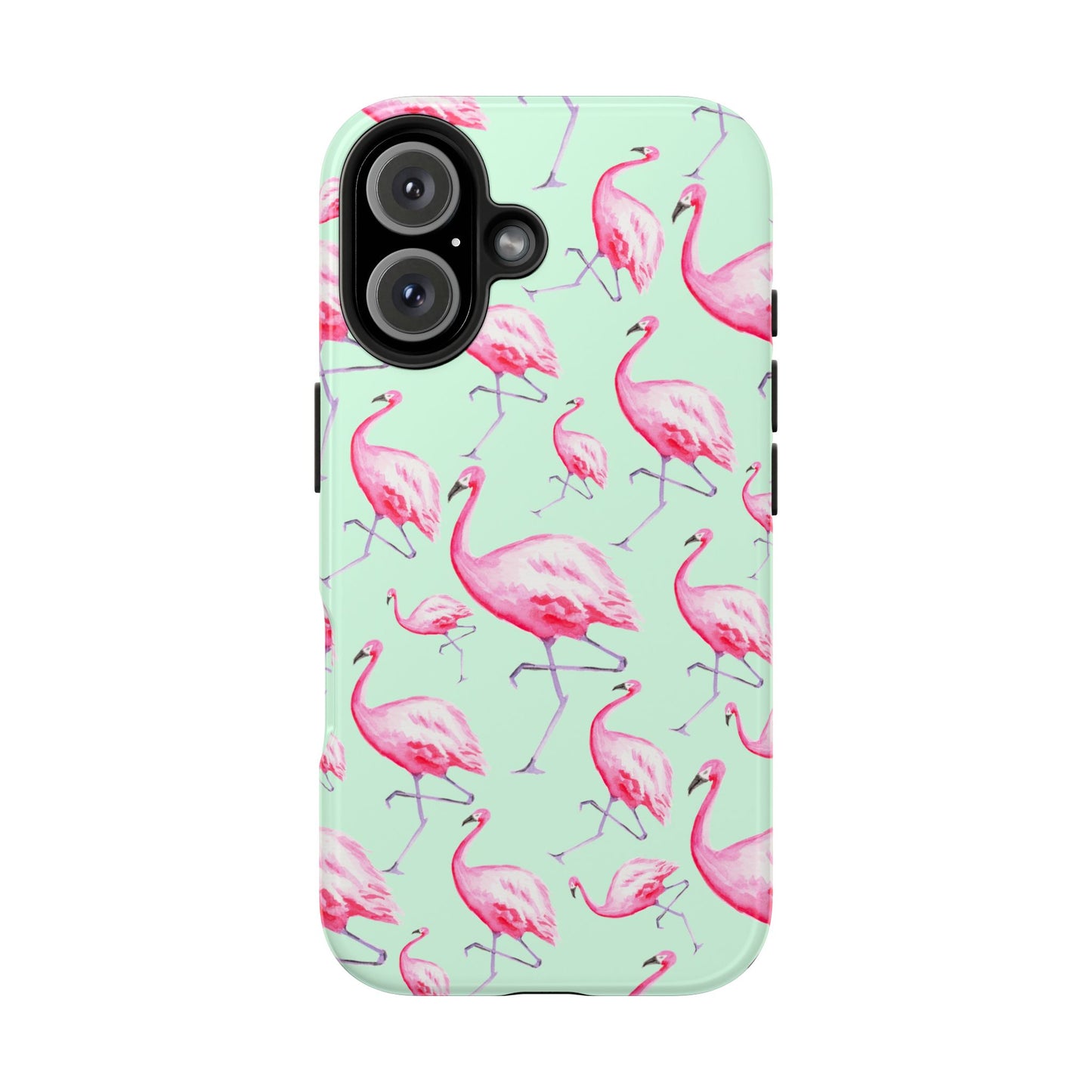 Pink Flamingos Watercolor Illustrated Tossed Pattern Green Phone Case | Various Models iPhone 16