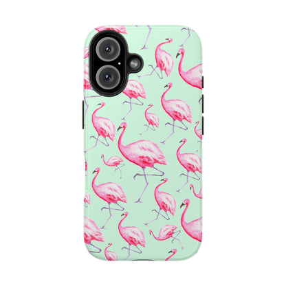 Pink Flamingos Watercolor Illustrated Tossed Pattern Green Phone Case | Various Models iPhone 16