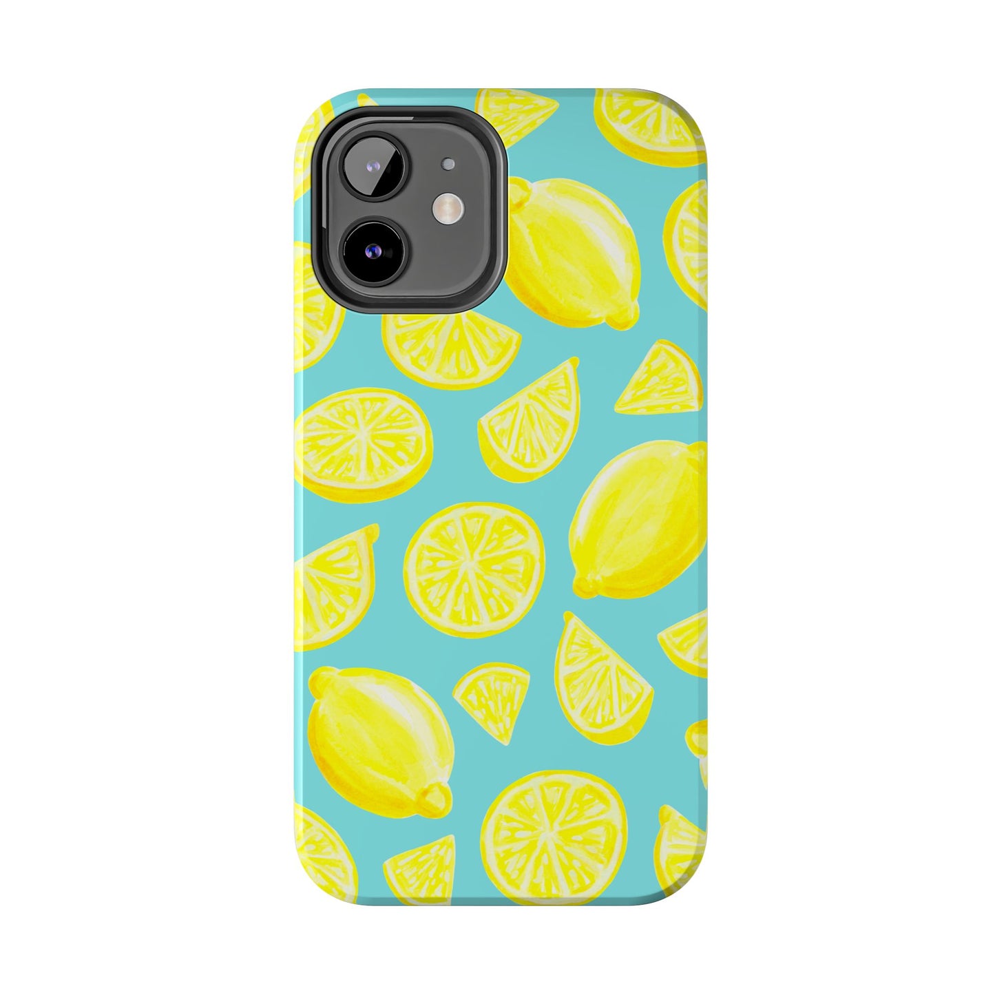 Bright Yellow Lemons Watercolor Illustrated Tossed Pattern Turquoise Blue Tough Phone Case | Various Models
