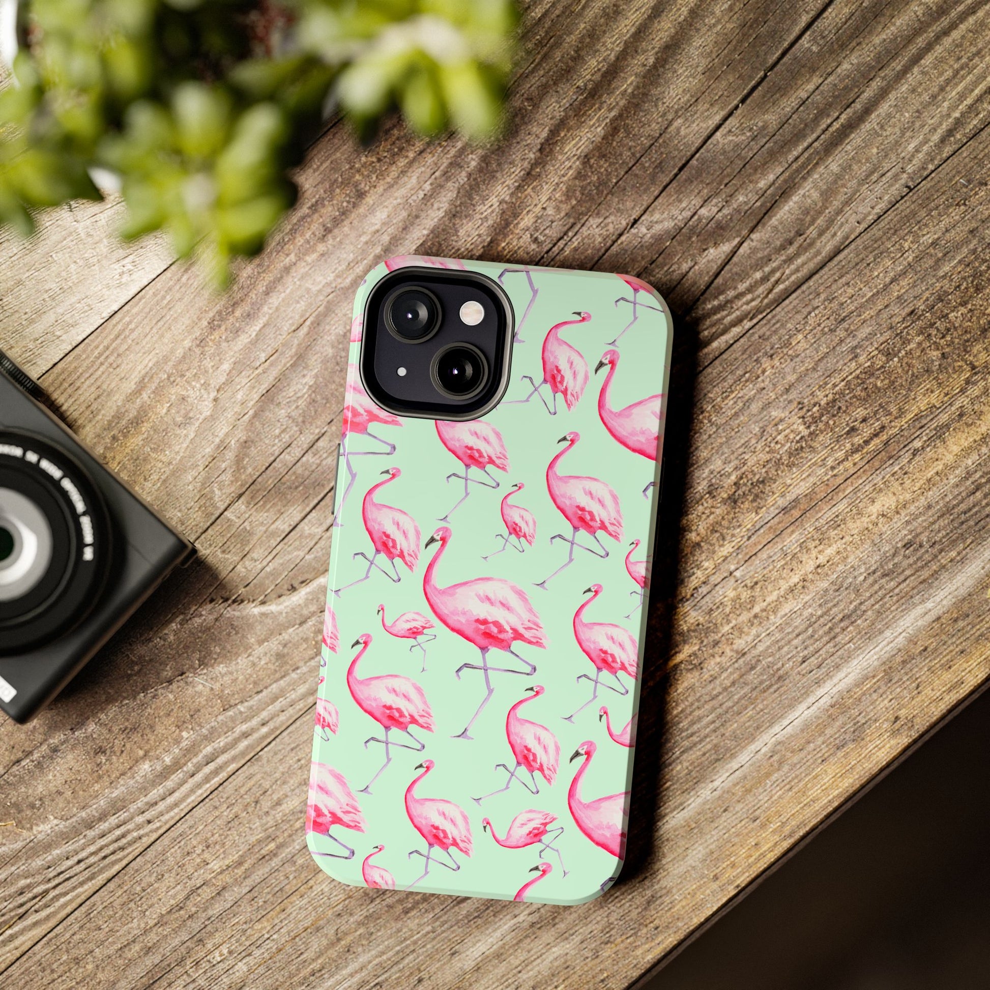 Pink Flamingos Watercolor Illustrated Tossed Pattern Green Phone Case | Various Models