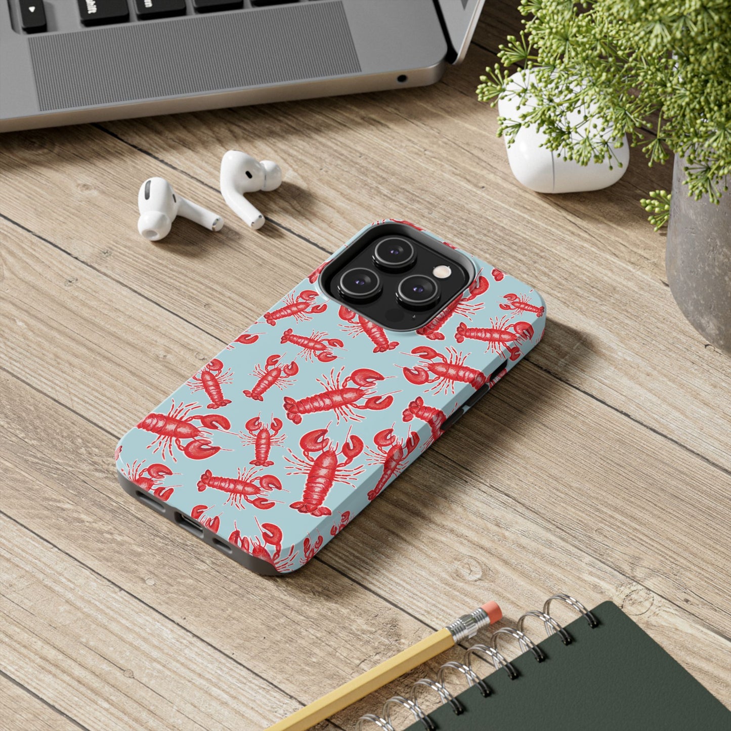 Red Lobster Watercolor Illustrated Tossed Pattern Light Blue Tough Phone Case | Various Models