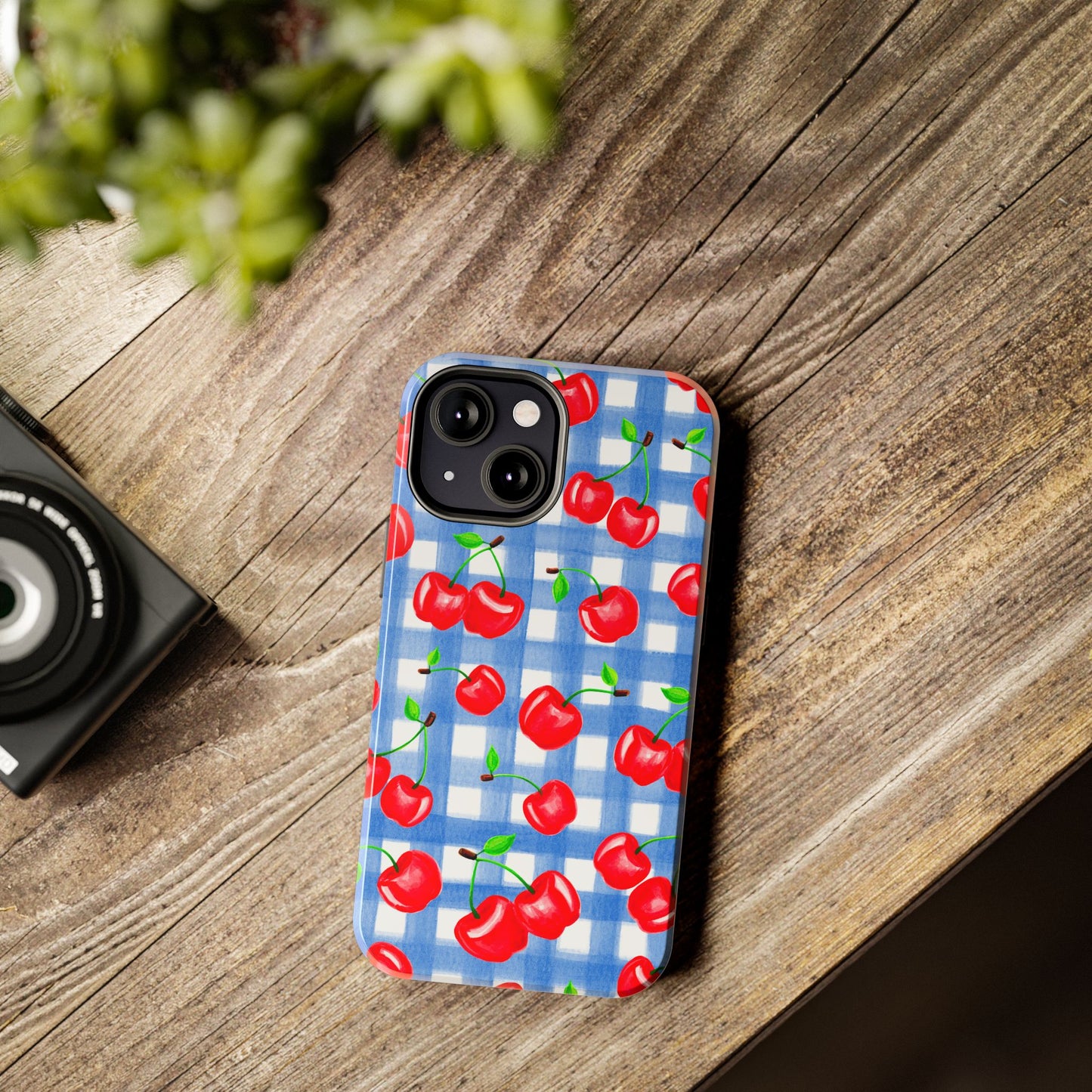 Tossed Red Watercolor Illustrated Cherries Light Blue Gingham Tough Phone Case | Various Models