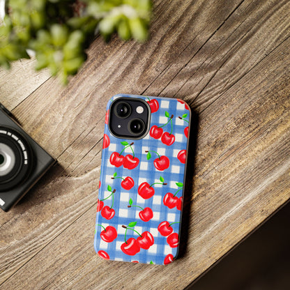 Tossed Red Watercolor Illustrated Cherries Light Blue Gingham Tough Phone Case | Various Models