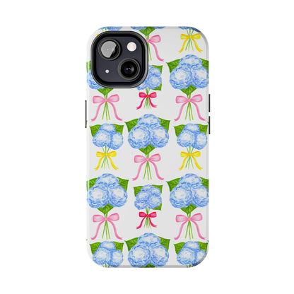 Blue Hydrangeas with Hot Pink, Yellow, Light Pink Bows Watercolor Illustrated Patterned Tough Phone Case | Various Models