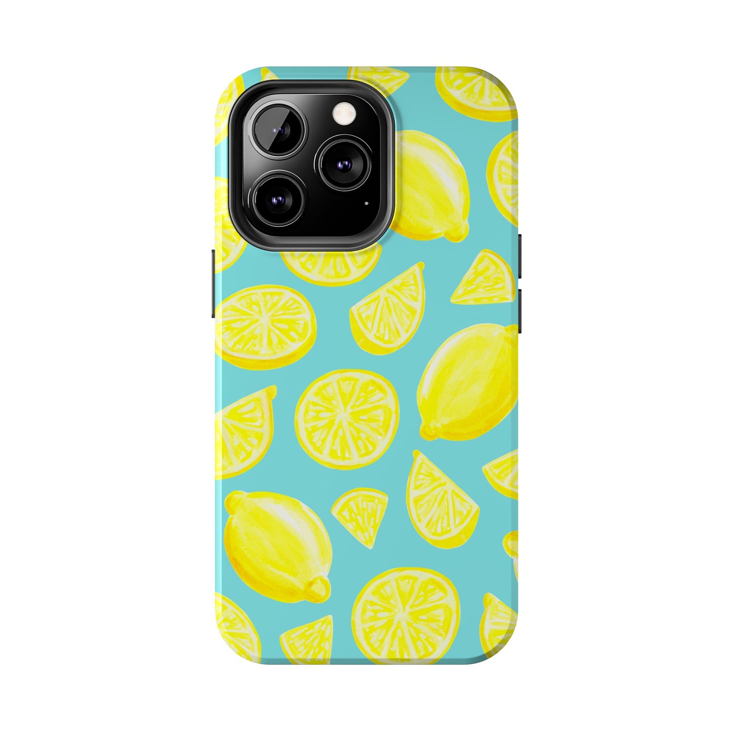 Bright Yellow Lemons Watercolor Illustrated Tossed Pattern Turquoise Blue Tough Phone Case | Various Models