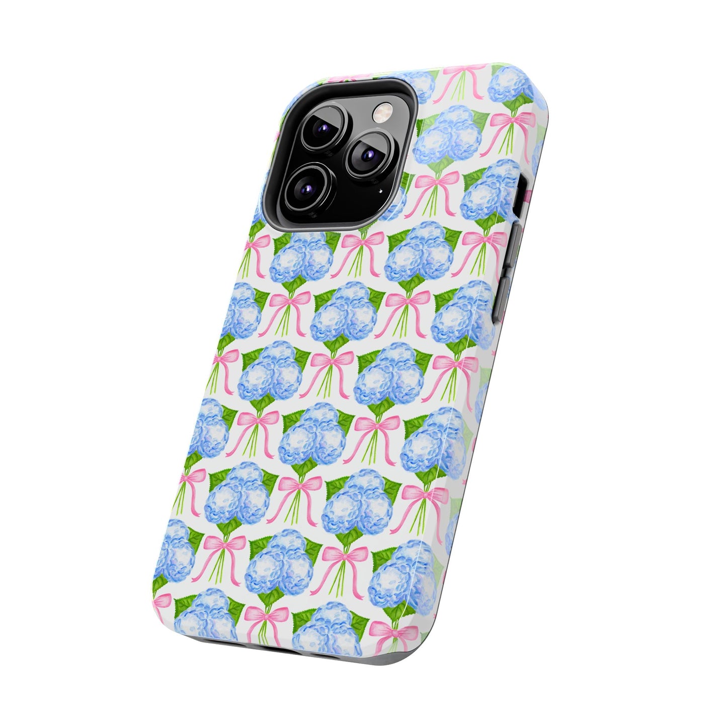 Blue Watercolor Hydrangea Bouqets with Light Pink Bows Watercolor Illustrated Patterned Tough Phone Case | Various Models