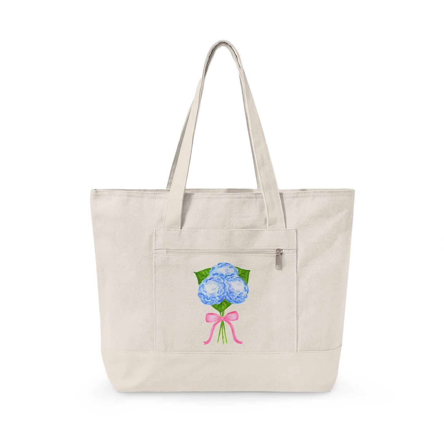Blue Watercolor Hydrangeas with Light Pink Bow Illustration Printed Zippered Canvas Tote 18" x 14" | Various Colors