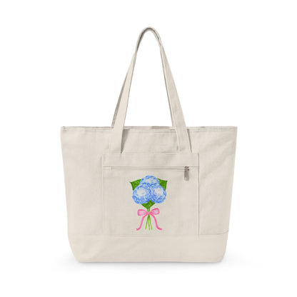 Blue Watercolor Hydrangeas with Light Pink Bow Illustration Printed Zippered Canvas Tote 18" x 14" | Various Colors