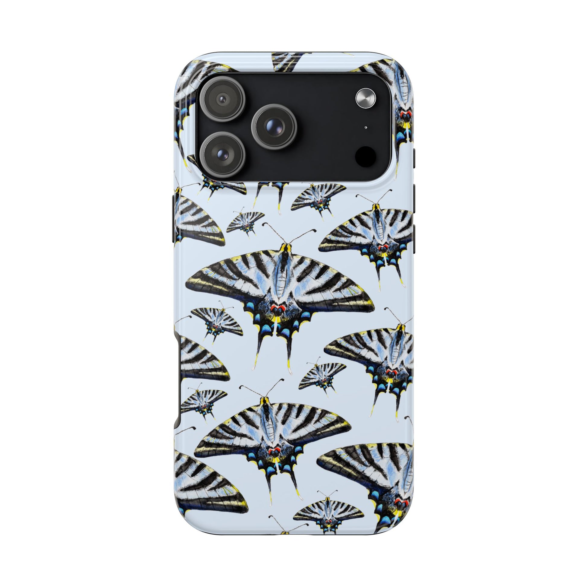 Light Blue Swallowtail Butterflies Watercolor Illustrated Pale Blue Tough Phone Case | Various Models iPhone 17 Pro Max