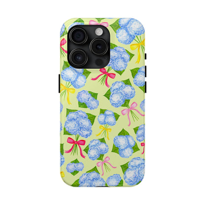 Blue Watercolor Hydrangea Bunches with Hot Pink, Yellow, Light Pink Bows Illustrated Patterned Yellow Tough Phone Case | Various Models