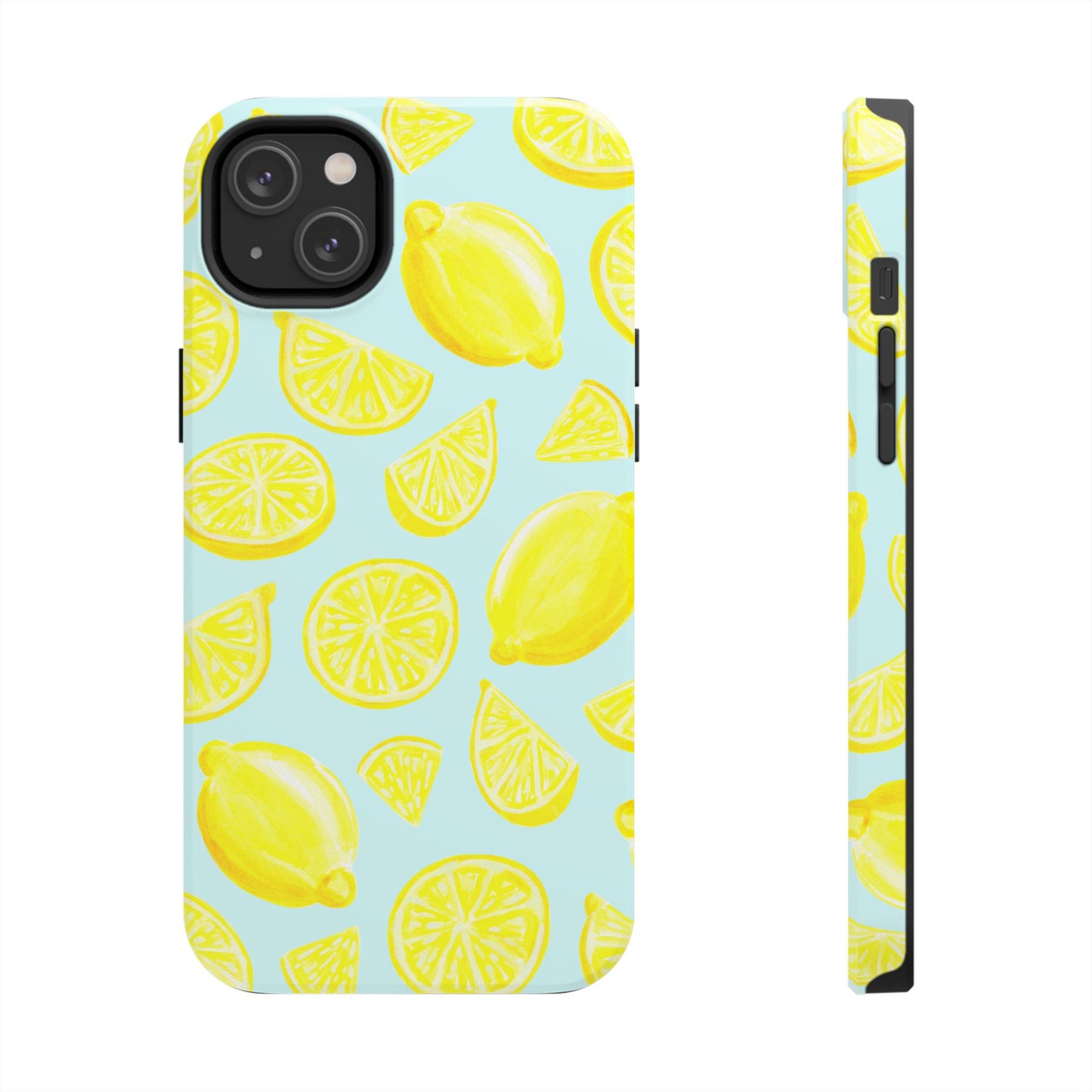 Bright Yellow Lemons Watercolor Illustrated Tossed Pattern Light Blue Tough Phone Case | Various Models