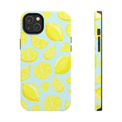Bright Yellow Lemons Watercolor Illustrated Tossed Pattern Light Blue Tough Phone Case | Various Models
