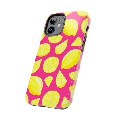 Bright Yellow Lemons Watercolor Illustrated Tossed Pattern Watermelon Pink Tough Phone Case | Various Models