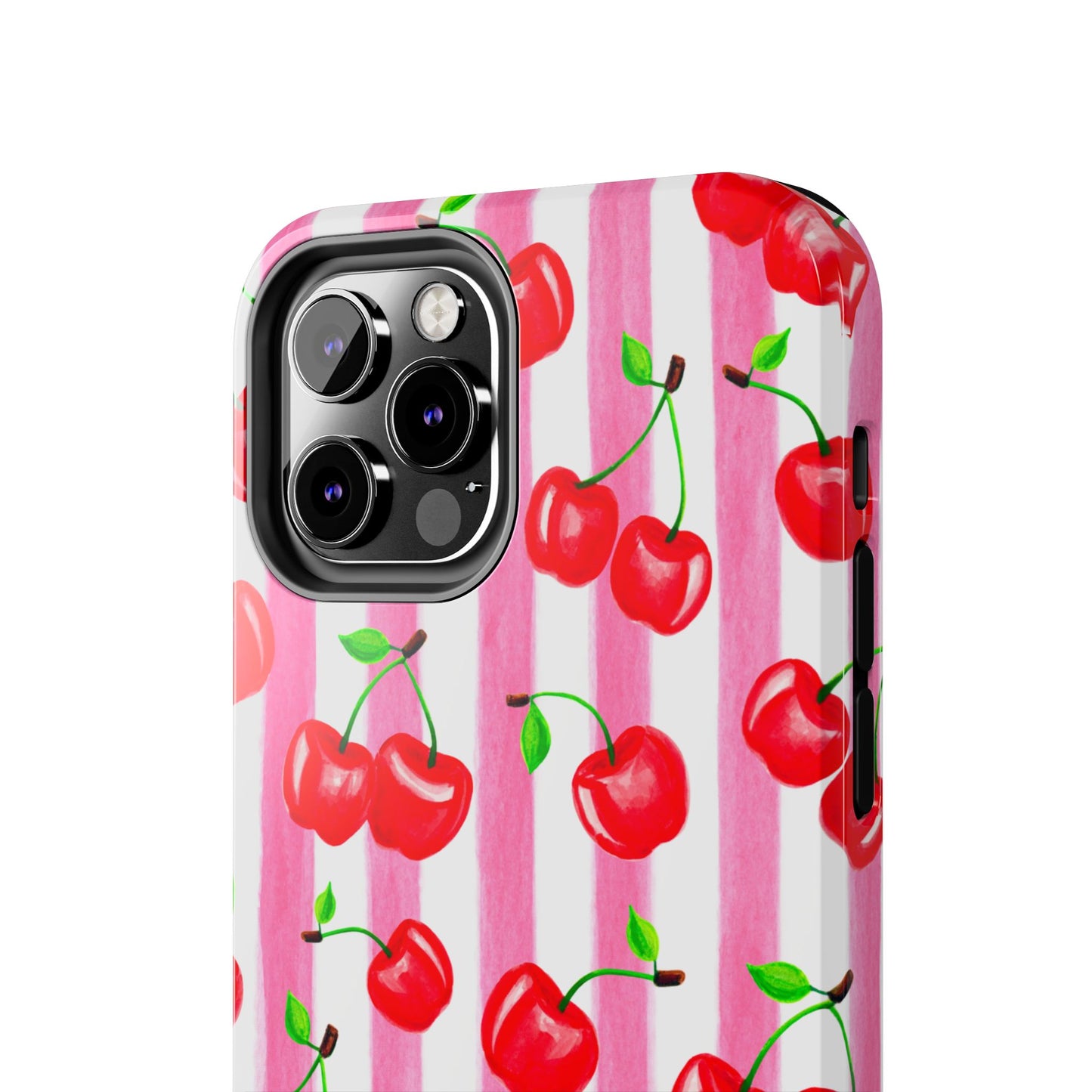 Tossed Red Watercolor Cherries Illustrated Pattern Light Pink Stripes Tough Phone Case | Various Models