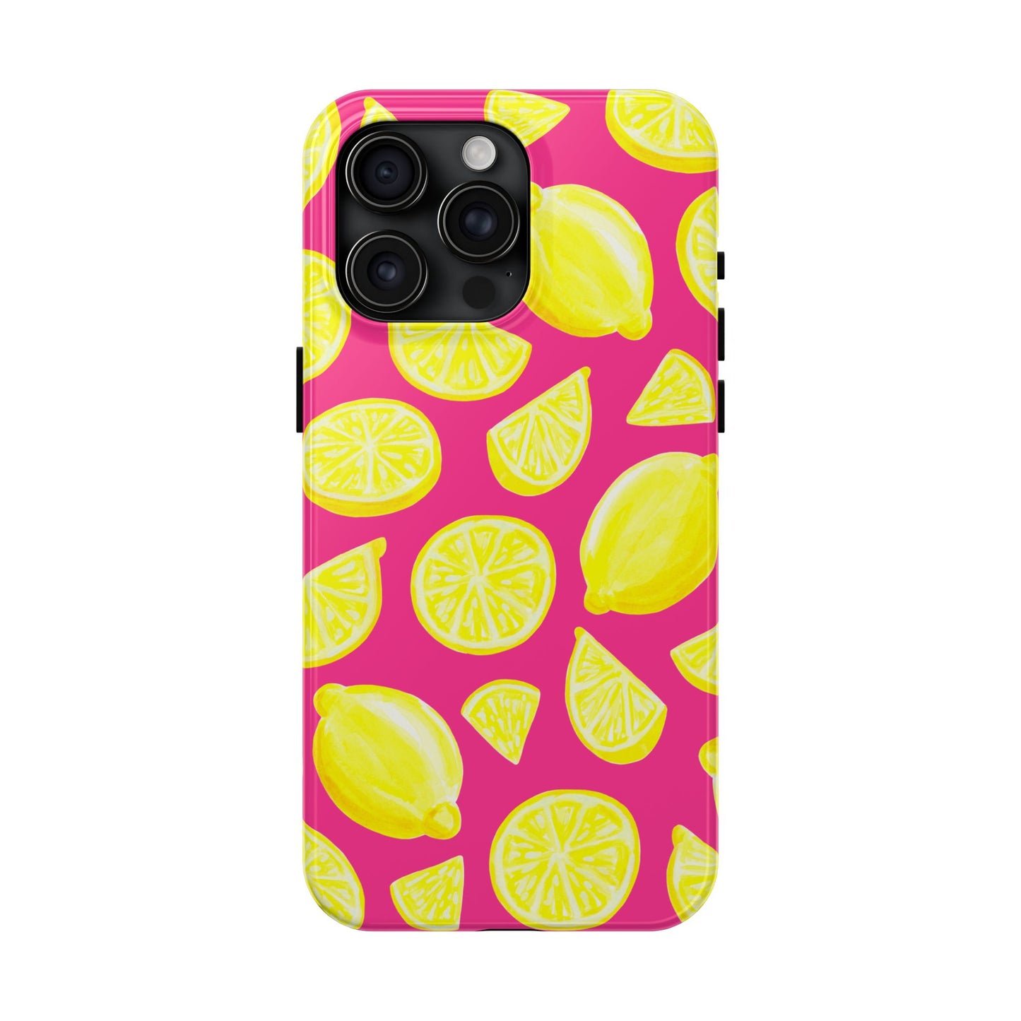 Bright Yellow Lemons Watercolor Illustrated Tossed Pattern Watermelon Pink Tough Phone Case | Various Models
