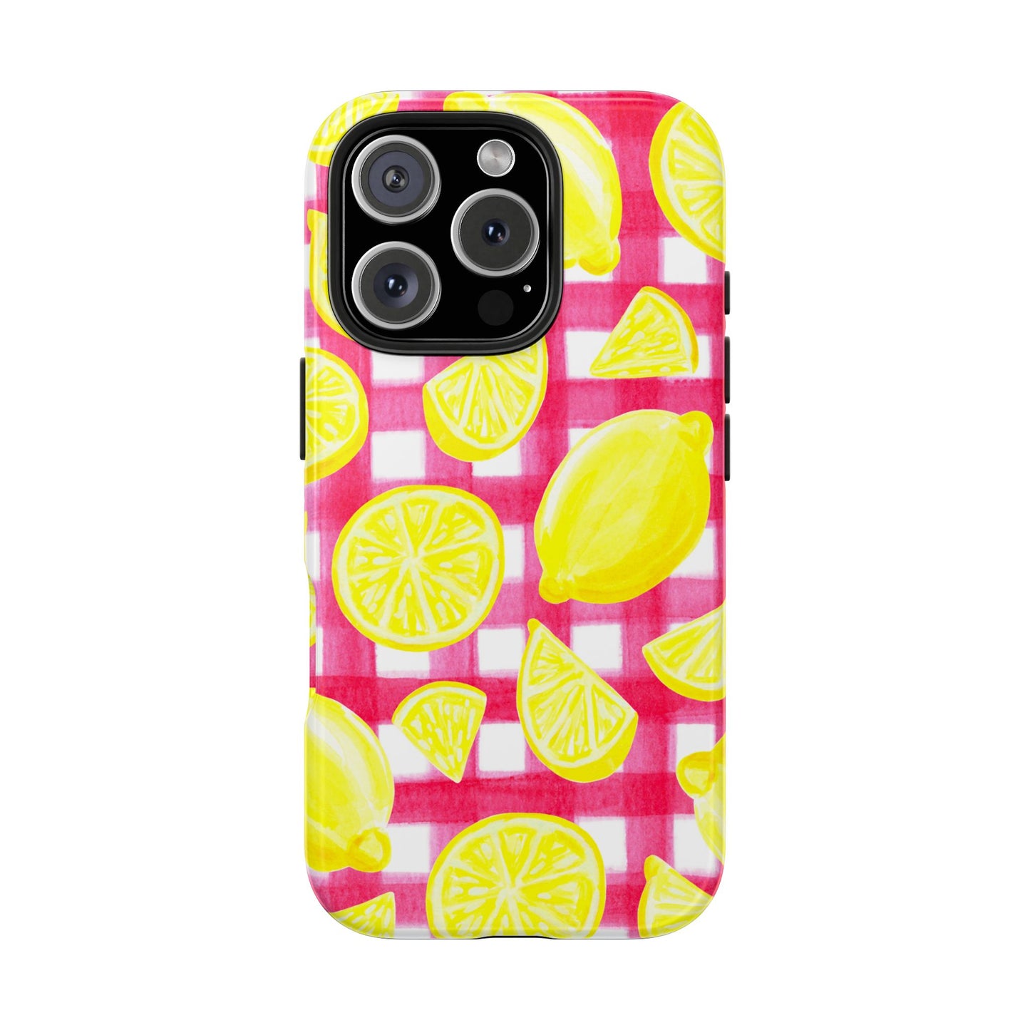 Yellow Lemons & Hot Pink Gingham Watercolor Illustrated Tough Phone Case | Various Models Available