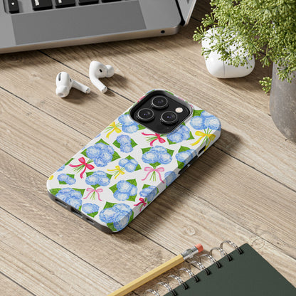 Blue Watercolor Hydrangea Bunches with Hot Pink, Yellow, Light Pink Bows Illustrated Patterned Tough Phone Case | Various Models
