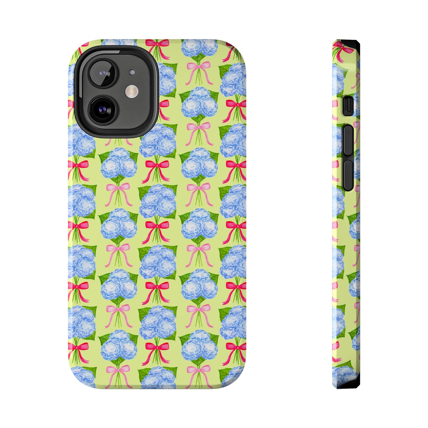 Watercolor Blue Hydrangea Bouquets with Hot Pink and Light Pink Bow Ribbons Illustrated Pattern Yellow Tough Phone Case | Various Models