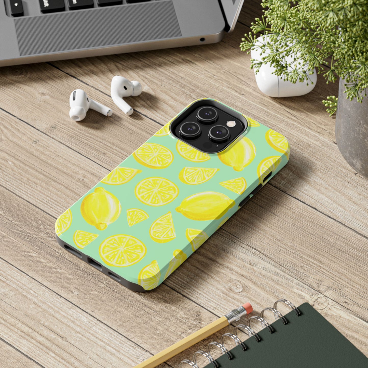 Bright Yellow Lemons Watercolor Illustrated Tossed Pattern Mint Green Tough Phone Case | Various Models