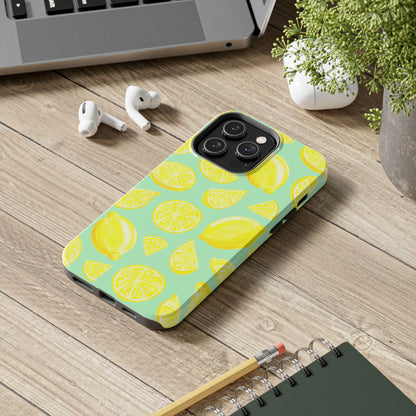 Bright Yellow Lemons Watercolor Illustrated Tossed Pattern Mint Green Tough Phone Case | Various Models