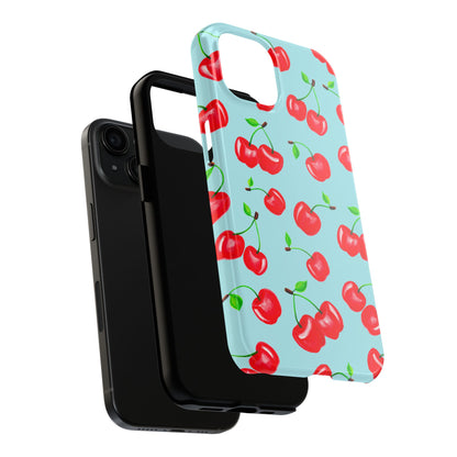 Tossed Red Watercolor Cherries Illustrated Pattern Bright Blue Tough Phone Case | Various Models