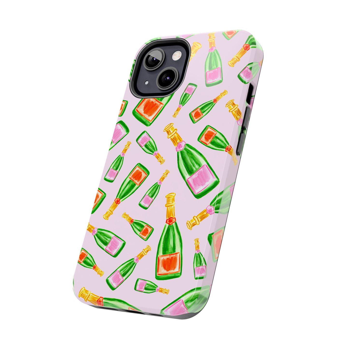Tossed Pink and Green & Orange and Green Watercolor Illustrated Champagne Bottles Pattern Blush Pink Tough Phone Case | Various Models