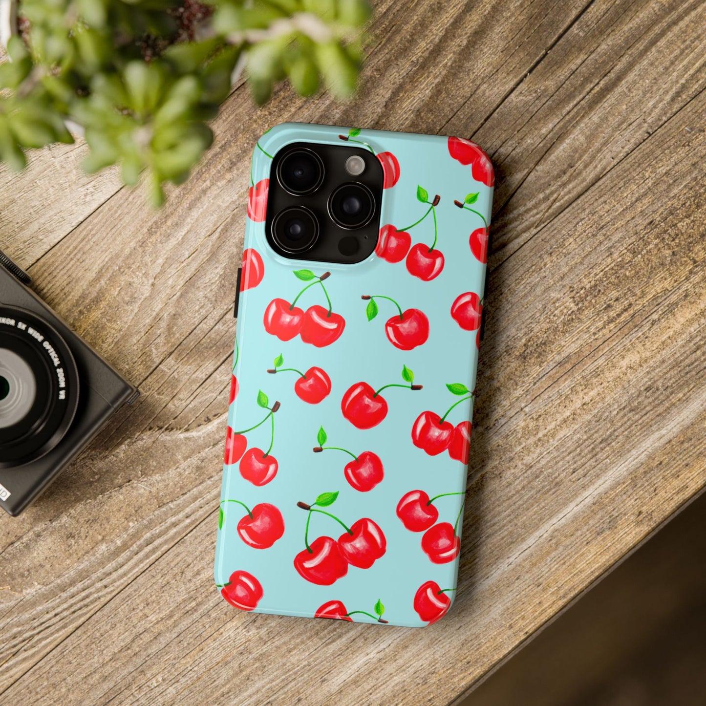 Tossed Red Watercolor Cherries Illustrated Pattern Bright Blue Tough Phone Case | Various Models