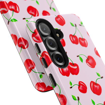 Tossed Red Watercolor Cherries Illustrated Pattern Light Pink Tough Phone Case | Various Models