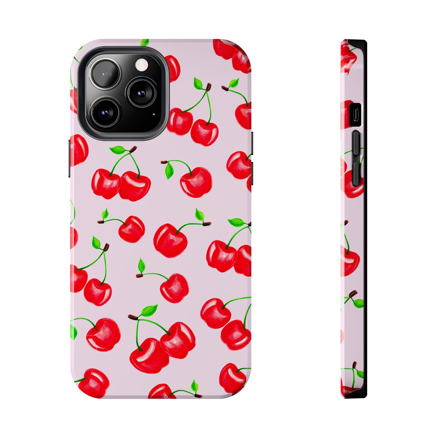 Tossed Red Watercolor Cherries Illustrated Pattern Light Pink Tough Phone Case | Various Models
