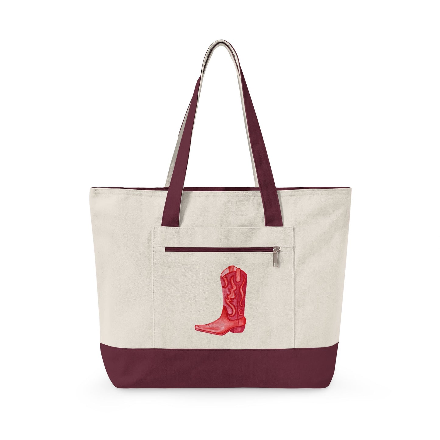Red Cowboy Boot Watercolor Printed Zippered Canvas Tote 18" x 14" | Various Colors