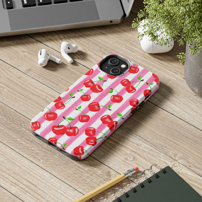 Tossed Red Watercolor Cherries Illustrated Pattern Light Pink Stripes Tough Phone Case | Various Models